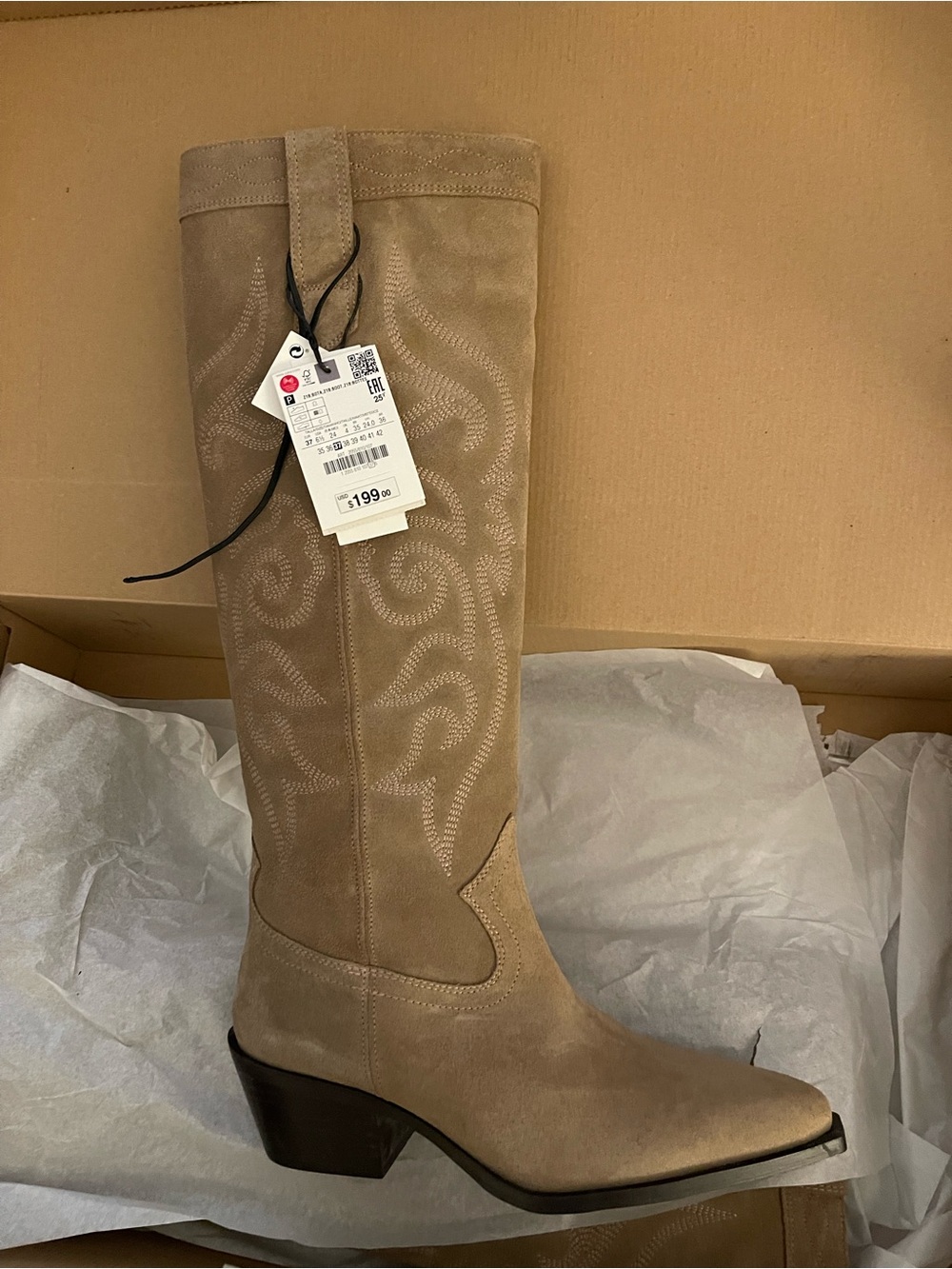 Zara Taupe Suede Knee-High Western Embroidered Boot